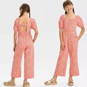 Cat & Jack Girls‎ Red Floral Puff Sleeve Jumpsuit Size L 10/12